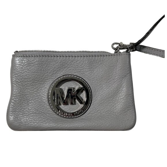 Michael Kors Wristlet Womens One Size Gray Pebbled Leather MK Logo Zip Clutch - Picture 8 of 9
